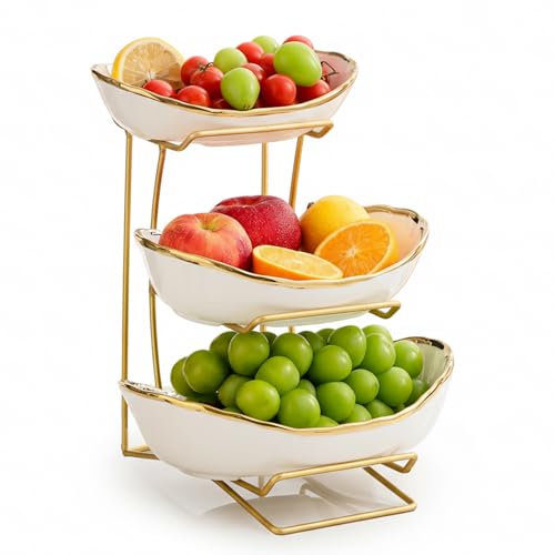 Gold Silver Fruit Bowl with Metal Stand, 3 Tier Ceramic White Fruit Bowl Fruit Rack for Kitchen Counter, Tiered Fruit Basket for Snacks Bread Candy Storage (White A (Smooth Surface)) - color: White A (Smooth Surface)