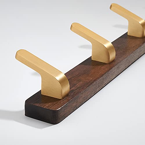 Wall Mounted Coat Rack, Entryway Hanging Coat Rack, Metal Wood Coat Rail with 3 Rustic Hooks Rail for Coat, Scarf, Bag, Towel, Key, Cap, Hat, Walnut Gold Matt - size: 3 Hooks - Curve Shape
