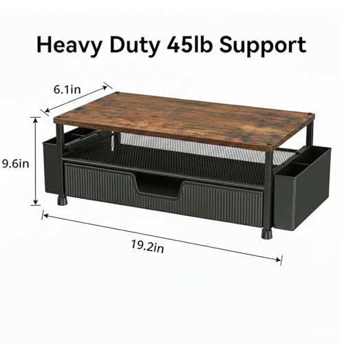 ECOLOVI Desk Organizer and Accessories, 2-Tier Computer Monitor Stand Rise with Storage Drawer & 2 Pen Holders, Laptop & Printer Stand for Desktop, Workspace Organizers for Office Supplies (Brown) - color: Walnut Brown