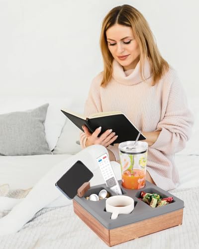 Couch Cup Holder Tray, Silicone Wooden Couch Caddy with Cup Holder for Snacks, Drinks, Remotes, Waterproof Cup Holder for Couch, Organizer, Couch Drink Holder, Sofa Cup Holder - color: C-gray