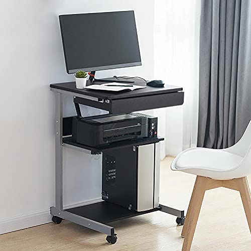 Yaheetech Mobile Computer Desk Cart, Small Rolling Laptop Desk PC Table Workstation with Drawer and Printer Shelf, Writing Desk Table for Small Space/Home Office - color: Black