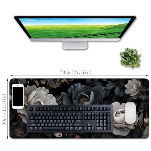 Black and White Mouse Pad,Floral Mouse Pad Desk Mat,Large Mousepad Aesthetic Mouse Pads Desk pad - Non-Slip Stitched Edges & Rubber Base for Office, Gaming Room, Computer, Laptop - color: black and white&floral