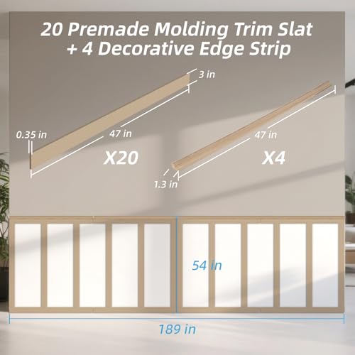 Art3d Premade Board and Batten Paintable Wainscoting Kit, MDF Accent Wall Panel for Kitchen Bedroom Living Room Home Decor Covers 189 x 54 in. Molding Trim Slat with Edge Strip - size: 189 x 54 Inch