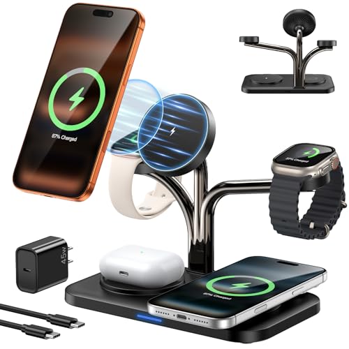 45W 5 in 1 Magnetic Charging Station for Apple Multiple Devices, Dual Phone & Apple Watch Charger Stand, Fast Wireless Charger for MagSafe Charger for iPhone 17-12 Series, for Apple Watch & AirPods