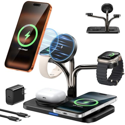 45W 5 in 1 Magnetic Charging Station for Apple Multiple Devices, Dual Phone & Apple Watch Charger Stand, Fast Wireless Charger for MagSafe Charger for iPhone 17-12 Series, for Apple Watch & AirPods