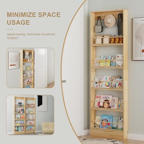 Wooden Wall Mounted Bookshelf, 5 Tier Storage Shelf with Anti Tip Device, Space Saving Organizer with Built in Hooks and Raised Edges for Living Room Bedroom Home Office