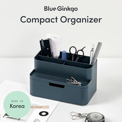 BLUE GINKGO Compact Desk Organizer – Small 5-Compartment, Half Drawer Storage – Pen Holder, Stationery Organizer for Desktop, Vanity, Shelf (Made in Korea, Blue) - color: BLUE, size: Compact