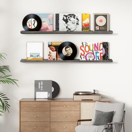 FLYJOE Picture Ledge Shelf, Floating Shelves Set of 2, Solid Pine Wood 55'' Long Large Nursery Book Shelves for Toys Storage, Kids Bookshelf for Living Room Bedroom Decor Books Photo Frames, Grey - color: Grey, size: 56'', set of 2