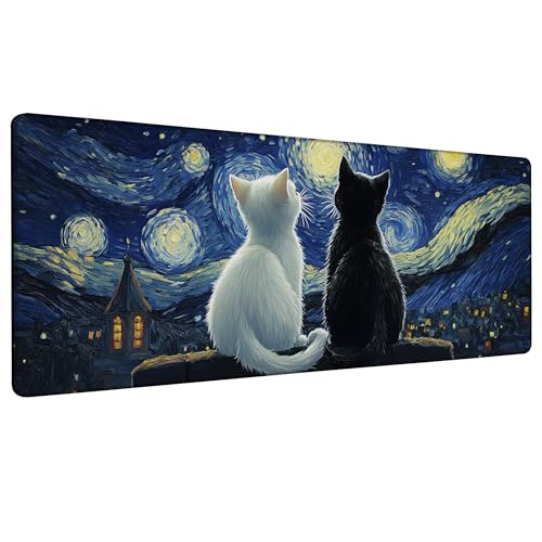 Black Cat and White Cat Look Starry Sky Gaming Mouse Pad with Stitched Edges Non-Slip Rubber Base Mouse Pad for Office,Computer,Keyboard,Laptop and Home Desk,31.5 x 11.8 Inch - color: Black Cat and White Cat Look Starry Sky, size: 11.8*31.5inch