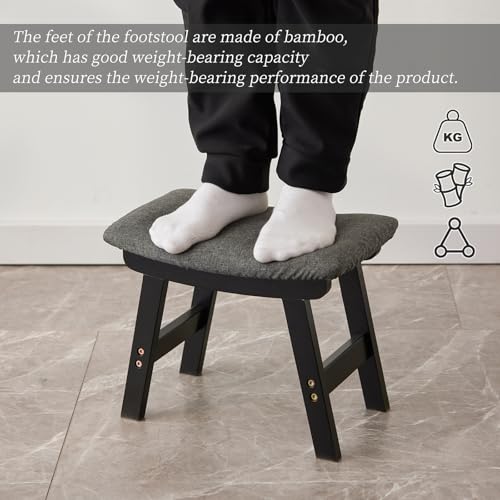 Kitsanery Foot Stool,Ottoman,Bamboo Small Sofa Foot Rest Under Desk,Extra Seating for Living Room, Bedroom and Kitchen (Black Stool Legs - Gray Surface) - color: Black Stool Legs - Gray Surface