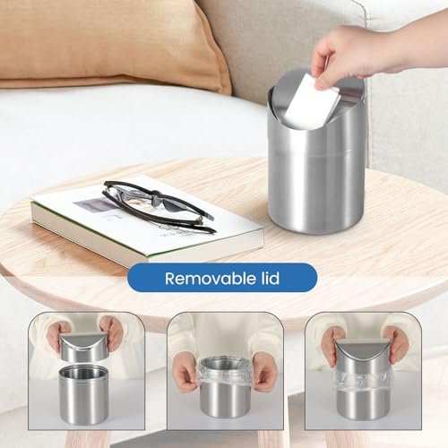 LOVEINUSA Mini Trash Can with Lid, 1.5L Small Garbage Bin Brushed Stainless Steel Desk Trash Can for Bathroom, Office, Kitchen, Coffee Table, and Countertop Use