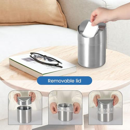 LOVEINUSA Mini Trash Can with Lid, 1.5L Small Garbage Bin Brushed Stainless Steel Desk Trash Can for Bathroom, Office, Kitchen, Coffee Table, and Countertop Use
