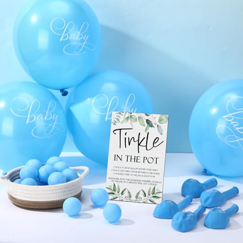 Tatuo 71 Tinkle in The Pot Baby Shower Game Sign Wooden Baby Shower Gender Reveal Party Favors 20 Table Tennis Balls 50 Balloon Latex Balloon(Leaves,Blue) - color: Blue, style: Leaves