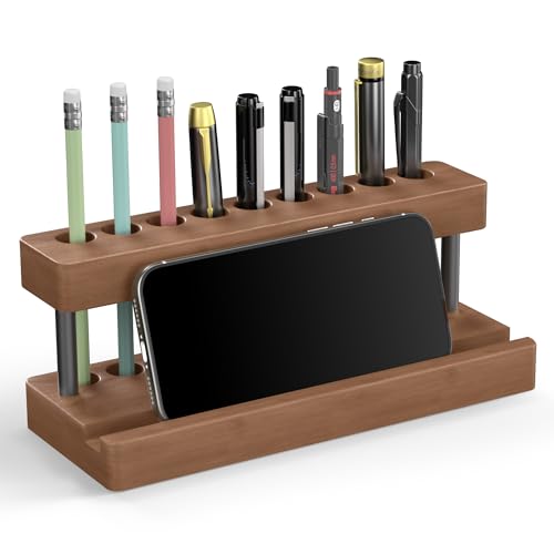 Wooden Holder for Office Desk, Solid Wood Pen Display Stand With 9 Slots and Cell Phone Holder, Aesthetic Pen Organizer for Minimalist Office Desk Decor (Wood+Black) - color: Wood+Black
