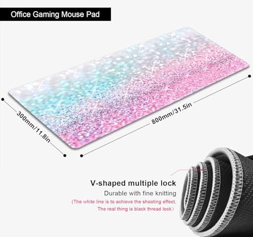 Gradient Glitter Large Mouse Pad, Pink Blue Sparkle Desk Pad, Pastel Cute Writing Desk Mat, Non-Slip Rubber Long Mousepad for Laptop Computer Gamer Home&Office, 31.5x11.8 in - color: Gradient Glitter