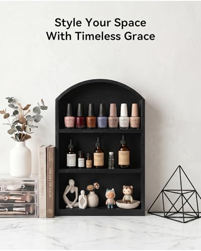 9"x13.5" Small Arched Trinket Display Shelf Shadow Box, Black | Fully Assembled, Wooden Shelf for Wall or Desk, Display Collectibles, Knick Knacks, Mini Figurines, Perfumes & Crystals - color: Black