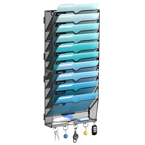 11 Tier Wall File Organizer - Hanging File Organizer with 5 Hooks, Mail Holder Wall Mounted for Papers, Folders, Magazines, Bills, Office&School Organization, Black - color: Black, size: 11 Tier