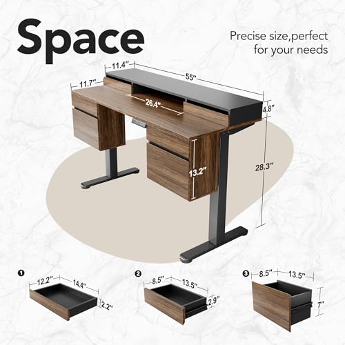 HUANUO Electric Standing Desk with 6 Drawers, 55 Inch Height Adjustable Stand Up Desk with Storage, Computer Workstation Compatible with Monitor Stand for Home Office, Black Walnut - color: Walnut, size: Dual Side Storage