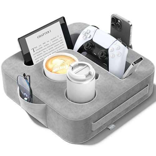 Couch Cup Holder Pillow, Sofa and Bed Caddy for iPad, Kindle, Switch, Game Controller, Remotes, Phones, Small-Sized Cup & Drink Holder for Couch, Bed, Desk, Car, Beach, Bathroom Cup Holder - color: Ash Gray, size: S-12"×12"×3.2"