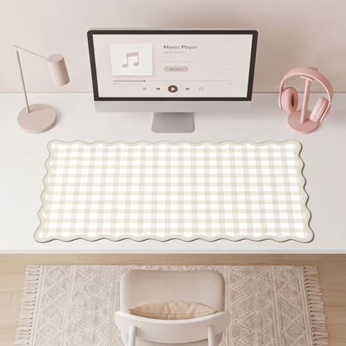 Checkered Beige Scalloped Mouse Pad,Cute Kawaii Gingham Large Desk Mat Non-Slip Rubber Base,Aesthetic Decor Gaming Computer Desk Pad for Office Laptop Mouse Keyboard Pad, 31.5" x 15.7", XL - color: Checkered Beige