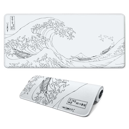 Gaming Mouse Pad, Large 31.5 x 11.8 inches Mousepad, Long Keyboard Pad, Cute Mouse Mat for Computer with Stitched Edges and Non-Slip Base (Japanese Grey White Wave) - color: Japanese White Wave