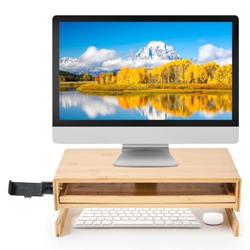 Wood Monitor Stand Riser Organizer for Desk Top with Storage Drawer & Phone Holder,Bamboo Monitor Stand with Keyboard Tray, Non Slip Desk Riser, Desk stand for computer monitor
