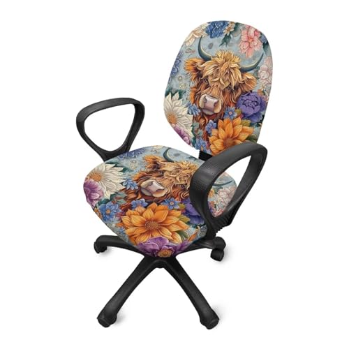 Highland Cattle Office Chair Cover Stretchable 2 Piece Computer Seat Covers Universal Fit Most Gaming Chair Rotating Chair Slipcover Protector Floral Chair Padded Cover for Women Cow Blue - color: Highland Cattle Flower