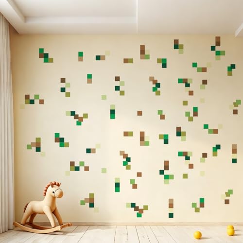 SUPERDANT 3Pcs Green Brown Pixel Blocks Wall Stickers Wall Decal Stickers for Walls Vinyl Art Sticker for Bedroom Living Room Playroom Decoration 37.7x11.8in