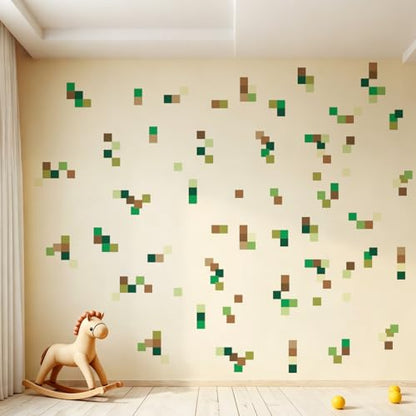SUPERDANT 3Pcs Green Brown Pixel Blocks Wall Stickers Wall Decal Stickers for Walls Vinyl Art Sticker for Bedroom Living Room Playroom Decoration 37.7x11.8in