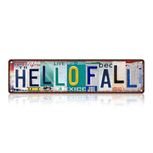 Vintage Hello Fall Metal Tin Signs Wall Decor | Man Cave Street Signs 16 x 4 Inches - color: Hello Fall