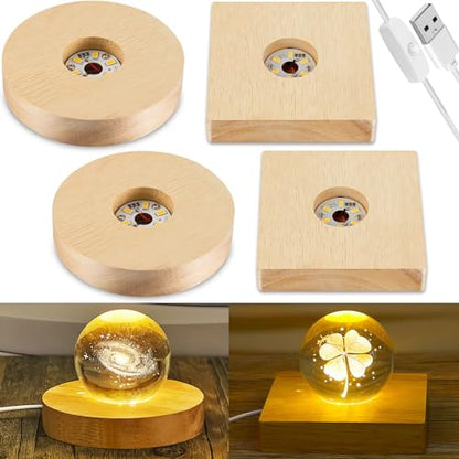 Honoson 4 Pcs LED Light Base - Wooden LED Base for Crystal Wood Light Display for Glass Art Lighted Stand for 3D Glass Resin Art(Square, Round) - style: Square, Round