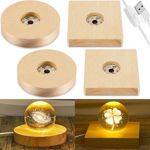 Honoson 4 Pcs LED Light Base - Wooden LED Base for Crystal Wood Light Display for Glass Art Lighted Stand for 3D Glass Resin Art(Square, Round) - style: Square, Round