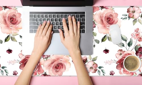 Extended Desk Mat (31.5x11.8 inch 3mm Thick), iDonzon Soft Cute Extra Large XXL Waterproof Gaming Mouse Pad with Non-Slip Rubber Base & Stitched Edges, for Working/Game, Peony Flowers - color: Pink