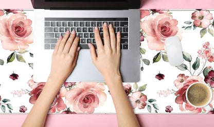 Extended Desk Mat (31.5x11.8 inch 3mm Thick), iDonzon Soft Cute Extra Large XXL Waterproof Gaming Mouse Pad with Non-Slip Rubber Base & Stitched Edges, for Working/Game, Peony Flowers - color: Pink