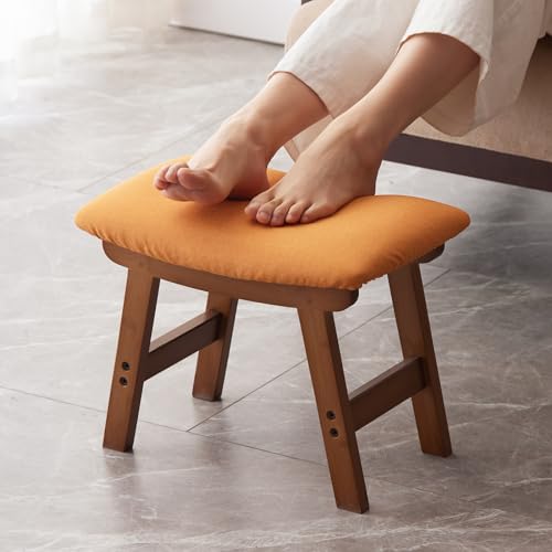 Kitsanery Foot Stool,Ottoman,Bamboo Small Sofa Foot Rest Under Desk,Extra Seating for Living Room, Bedroom and Kitchen(Brown Stool Legs - Orange Surface) - color: Brown Stool Legs - Orange Surface
