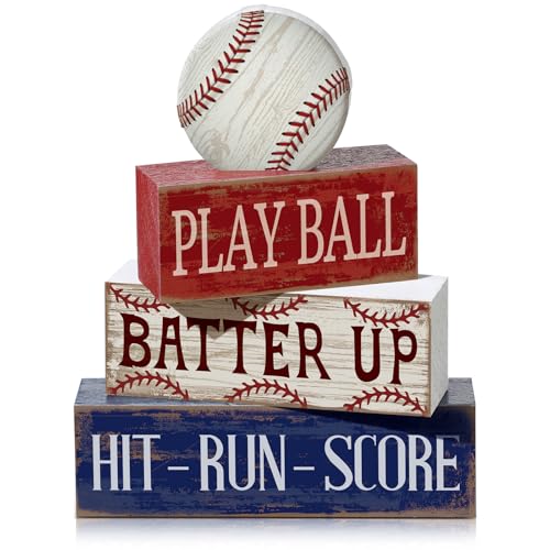 Yuntau 4 Pcs Baseball Decorations Sport Stacked Wooden Sign Baseball Centerpieces for Tables Tiered Tray Decor Decorative Block Sign for Summer Nights Boys Room Shelf Fans Coffee Gifts - style: Baseball
