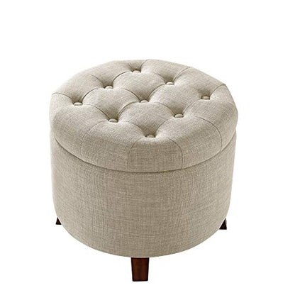 Amazon Basics Round Storage Ottoman Foot Rest, Button Tufted Upholstered Footstool with Storage, Sturdy Linen Fabric for Living Room and Bedroom, 20" x 17", Beige