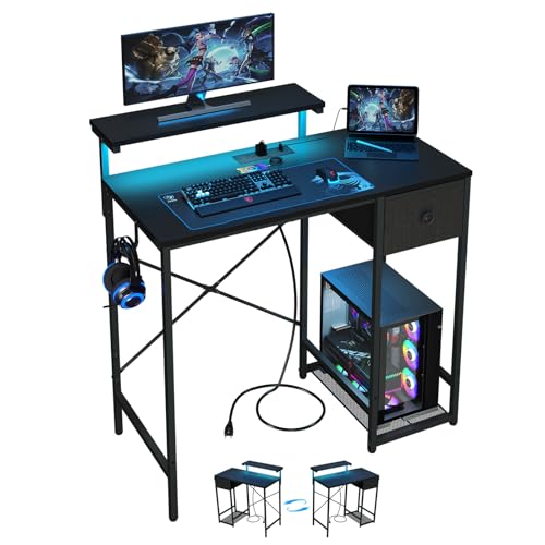 X-cosrack 33.5" Small Gaming Desk with LED Lights & Power Outlets, Compact Computer Desk with Monitor Stand & CPU Stand, Gamer Table with Storage Drawer, Side Hooks for Home Office, Bedroom, Black - size: 33.5" Black