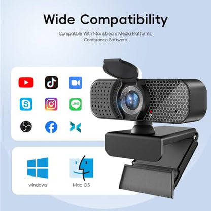 2K Webcam PC Webcam with Microphone and Physical Privacy Cover, Noise-Canceling Microphone, Auto Light Correction, Wide Angle, Plug and Play for Conferences/Online Classes/Live Streaming/Zoom/Teams - style: 2K