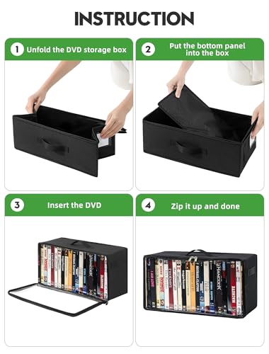 4-Pack DVD Storage Box, Stackable DVD Case Holder Organizer with Front Zippered Clear Window, CD Holder for CD, Blu-ray, VHS, Video Games, and Movie Collection, Holds 100+ Cases