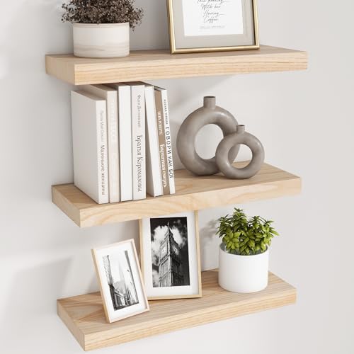 fuqing Natural Wood Floating Shelves - Wood Floating Shelves for Wall Set of 3-17 Inch Wide x 6.7 Inch Deep Natural Wooden Shelves for Living Room Bedroom Home Office - color: Natural, size: 17 Inch