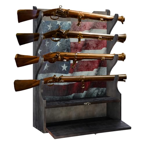 Yuntau Four Gun Wooden Gun Display Rack with Cabinet Storage Compartment and Soft Pad for Rifle Accessories Shotgun Rifle Rack for Wall Mount Home Indoor Decor - style: American Flag
