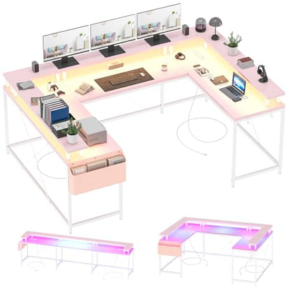 U Shaped Desk with Power Outlet & LED Lights, 79" Reversible Computer Desk with Monitor Stand, Wood Home Office Desks Gaming Desk with Shelving, Side Storage Pockets, Pink - color: Pink