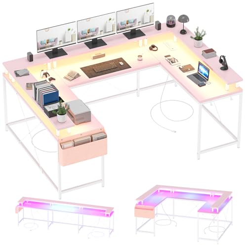 U Shaped Desk with Power Outlet & LED Lights, 79" Reversible Computer Desk with Monitor Stand, Wood Home Office Desks Gaming Desk with Shelving, Side Storage Pockets, Pink - color: Pink