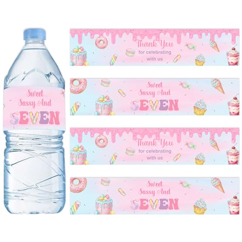 Donut 7th Birthday Decorations For Girls, 52Pcs Sweet Sassy And Seven Water Bottle Labels Donut And Ice Cream Party Wraps, Candy Theme Drink Stickers For Birthday Table Setup And Party Favors