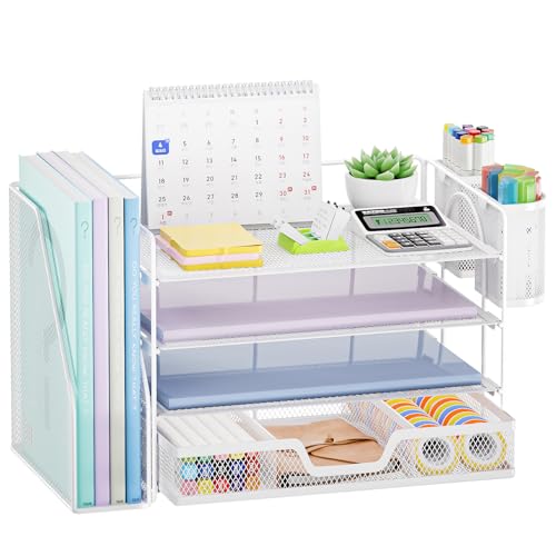 Marbrasse Desk Organizer and Accessories，4-Tier Paper Letter Tray Organizer with File Holder, Desk Accessories with Drawer and 2 Pen Holder (White, 15.4" x 9.1" x 8.3") - color: White