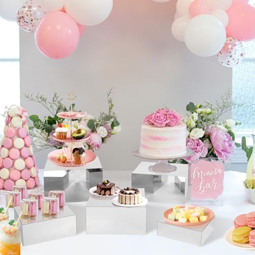 Acrylic Risers for Display 5 Pcs, Food Risers for Party Silver Display Stands Box Nesting Display for Jewelry Bag Cosmetics Catering Dessert Collectibles - color: Sliver-5pc