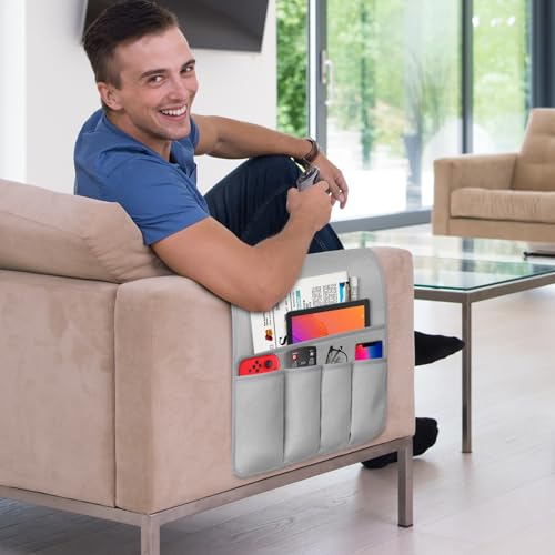 Remote Control Holder for Armchair, Couch Caddy Organizer TV Remote Holder for Bed Storage 5 Pockets, Remote Caddy Bedside Organizer Bedside Table Organizer (LightGray, 35"x12.4") - color: LightGray, size: 35"x12.4"