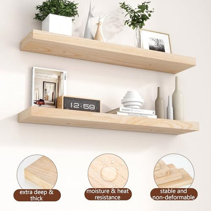 Fuqing Natural Floating Shelves, 36 Inch Set of 2, Raw Wood for Living Room & Home Office - color: Natural, size: 36 Inch