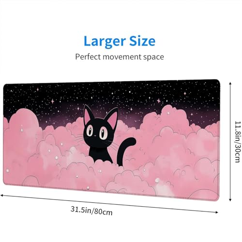 Cute Black Cat Gaming Mouse Pad Cartoon Galaxy Pink Clouds Kawaii Mousepad Extended Large Laptop Keyboard Non-Slip Rubber Base with Stitched Edges for Home 31.5x11.8 Inch - color: Cute Black Cat, size: 31.5" x 11.8"